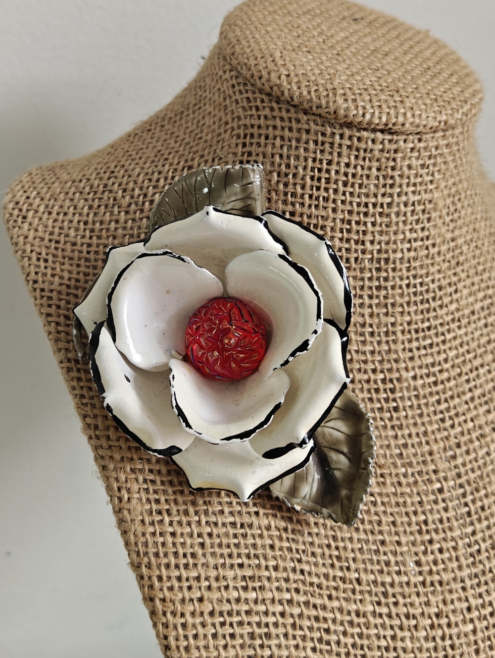 Vintage Huge Dimensional Enamel Metal Flower Brooch Red Lucite Center 60s